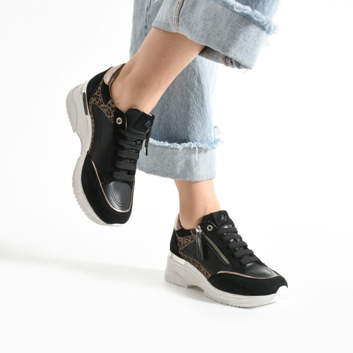 Дамски черни сникърси от естествена кожа на платформа Luxor
