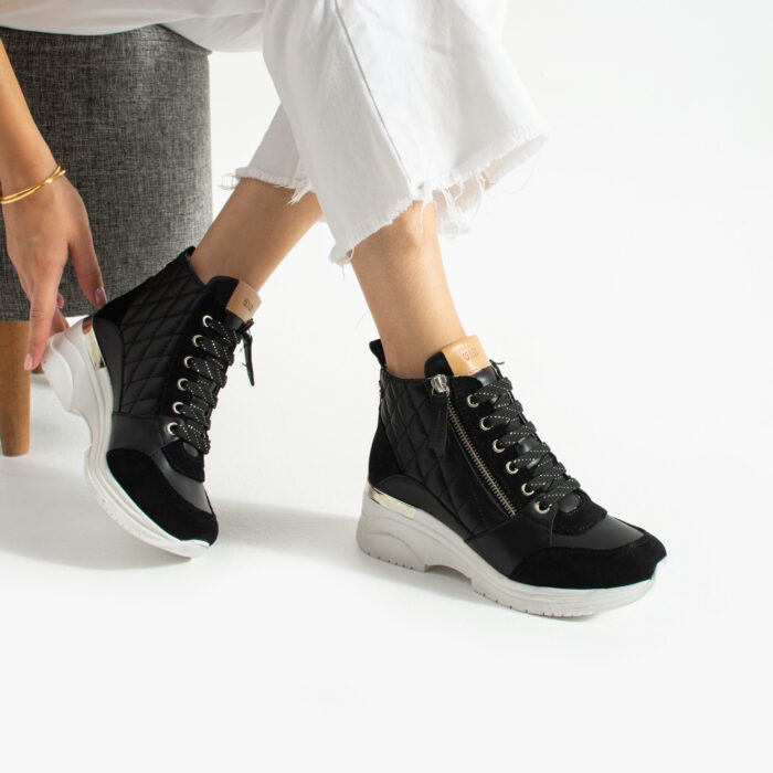 Дамски черни високо сникърси от естествена кожа на платформа Durban