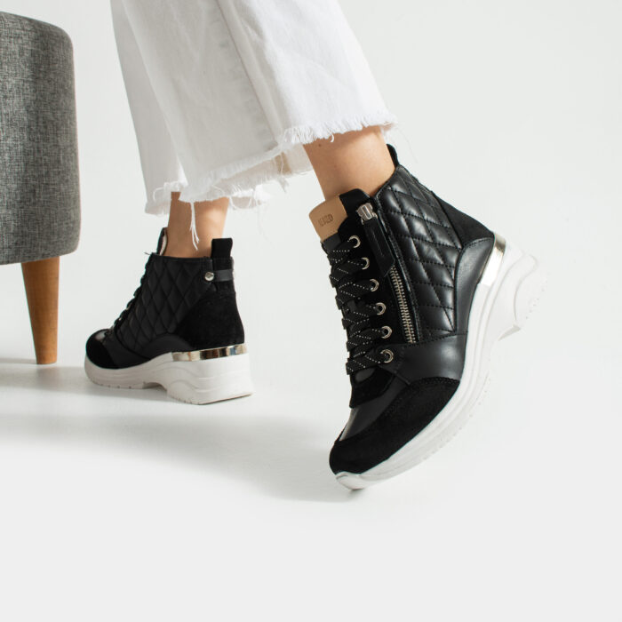 Дамски черни високо сникърси от естествена кожа на платформа Durban