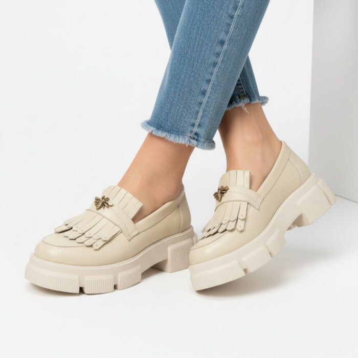 Дамски бежови мокасини от естествена кожа с груба подметка Kush