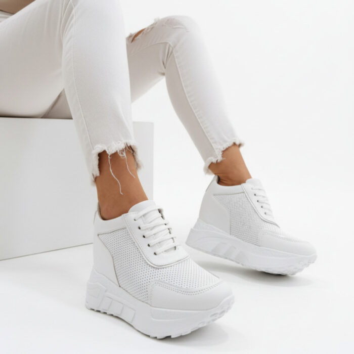 Дамски бели маратонки със скрита платформа от естествена кожа Rabat