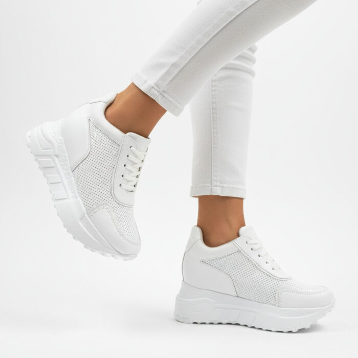 Дамски бели маратонки със скрита платформа от естествена кожа Rabat