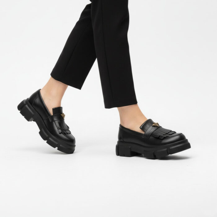 Дамски черни мокасини от естествена кожа с груба подметка Kush