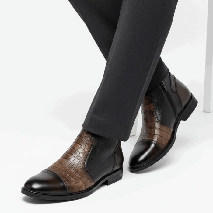 Елегантни тъмно кафяви мъжки боти от естествена кожа с цип Varanasi