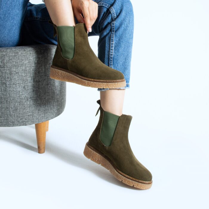 Дамски зелени челси боти от естествен велур с каучукова подметка Tabia