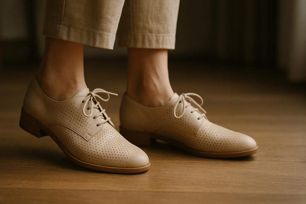 close-up of a person's feet in beige perforated leather shoes walking indoors on a wooden floor, showing gentle stretchi