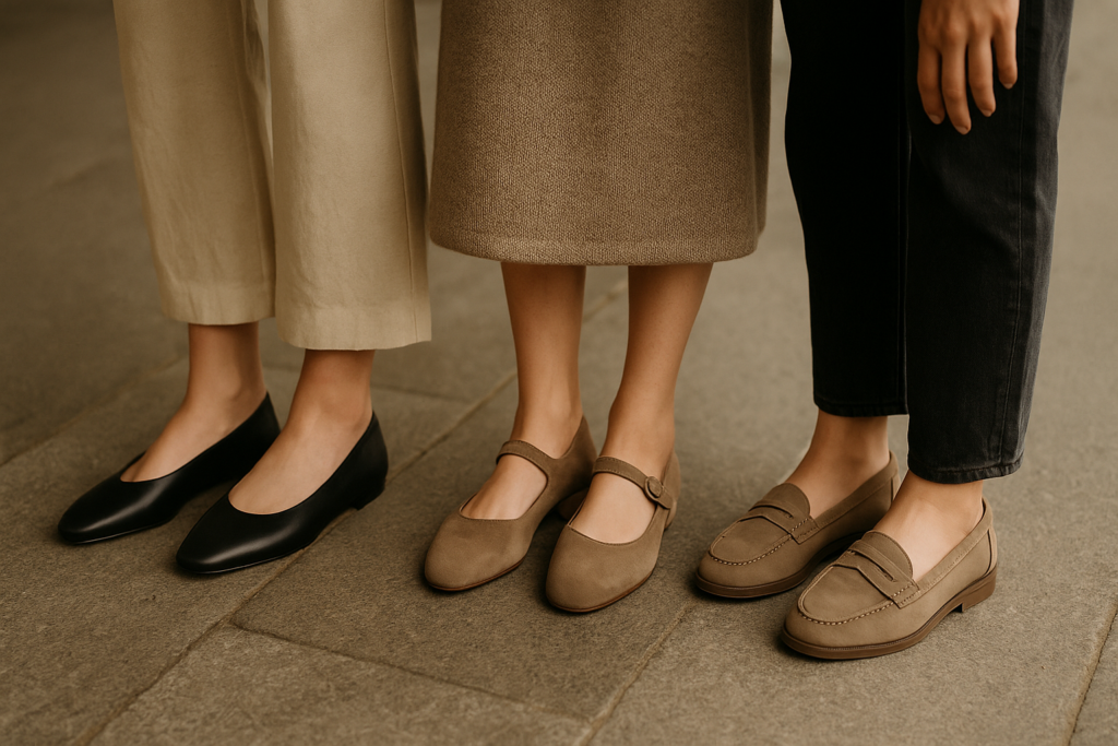 close-up of three women's feet, each wearing a different type of shoe: one in smooth leather flats, one in suede Mary Ja