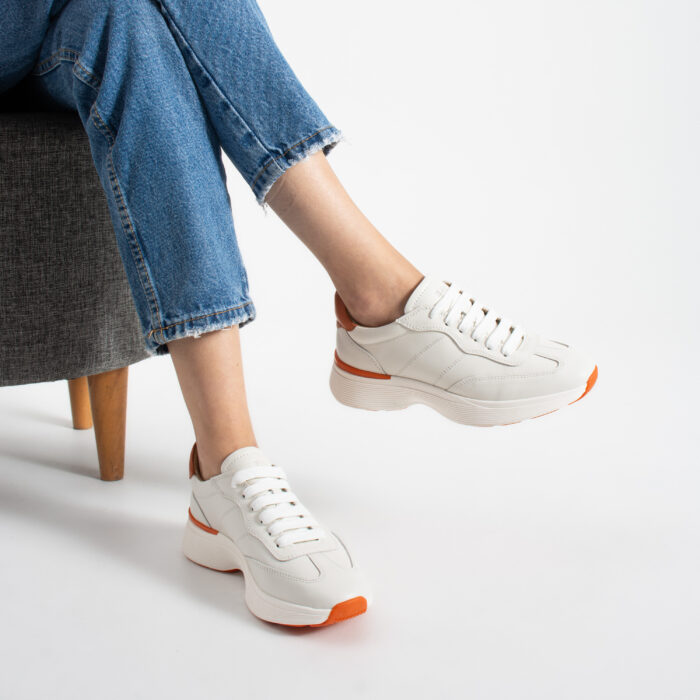 Дамски бели сникърси от естествена кожа Amber - Бял, Оранжев