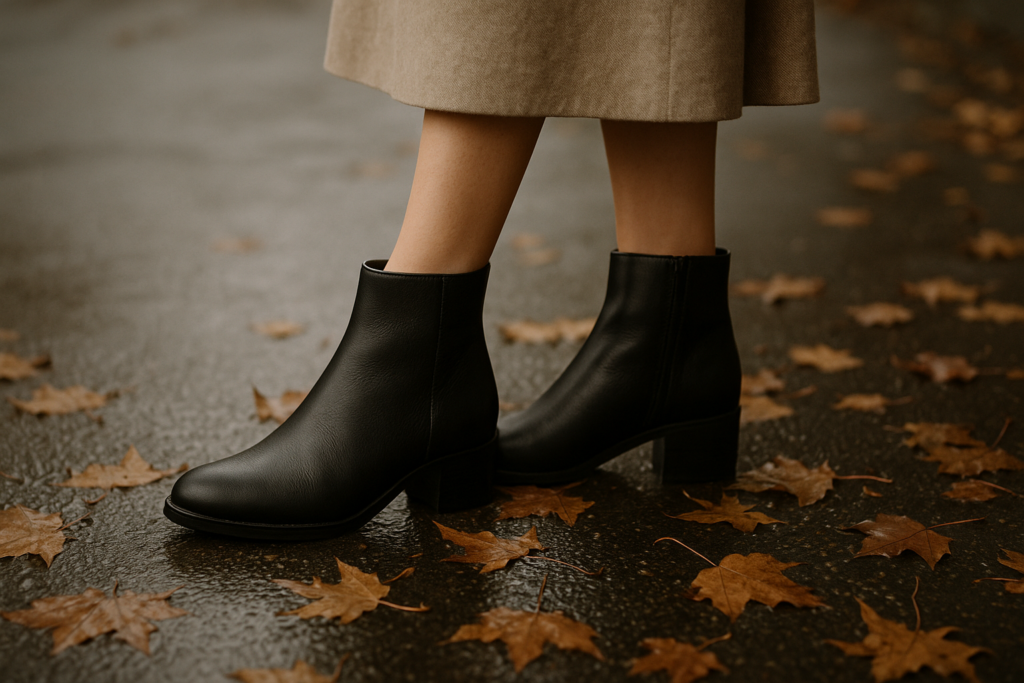 close-up of a woman's feet in black genuine leather ankle boots standing on a wet city pavement covered in autumn leaves