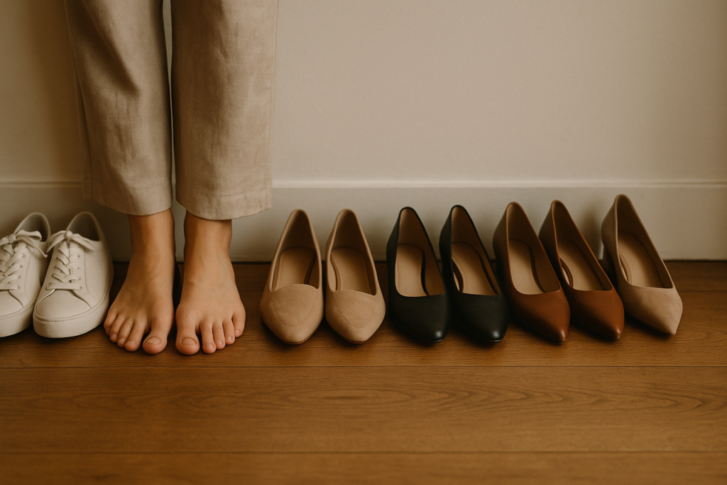 close-up of a woman's feet standing in front of a neatly organized row of five different types of women's shoes on a woo