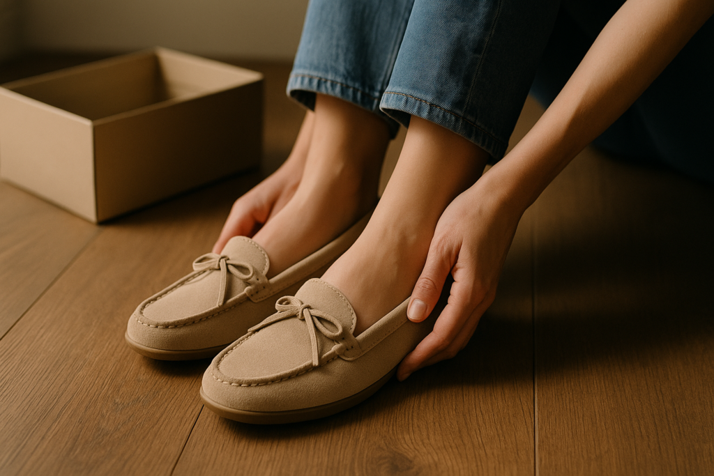 close-up of a woman's feet trying on wide-fit beige suede moccasins on a wooden floor, with a shoe box in the background