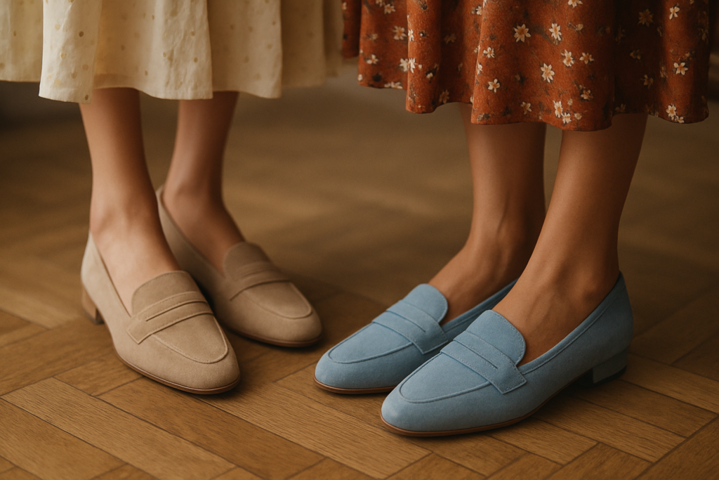 close-up of women's feet in elegant beige and light blue suede loafers on a parquet dance floor, surrounded by the botto